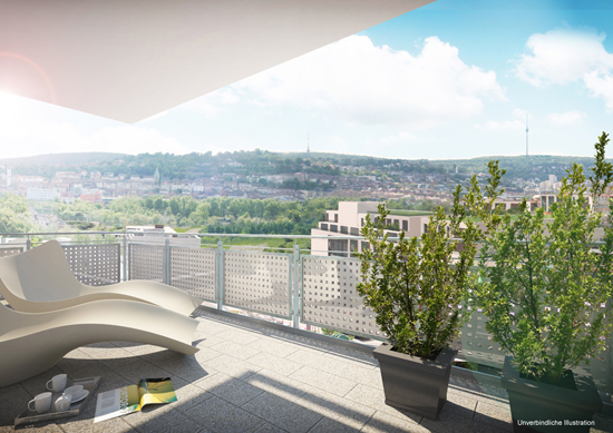 Blick vom Balkon einer Neubauwohnung im Rosenstein auf die Stadt: Mönchstraße am Rosenstein-Quartier