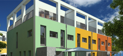 Farbenfrohe Reihenhäuser in moderner Architektur: Neubauprojekt "Fruchtgarten Denkendorf"