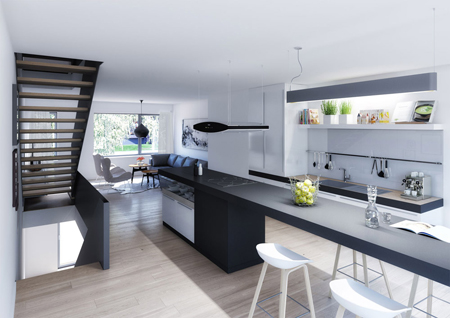 Schmal, modern, elegant: ein Blick in die Innenräume eines Townhouses. Foto: ICON IMMOBILIEN