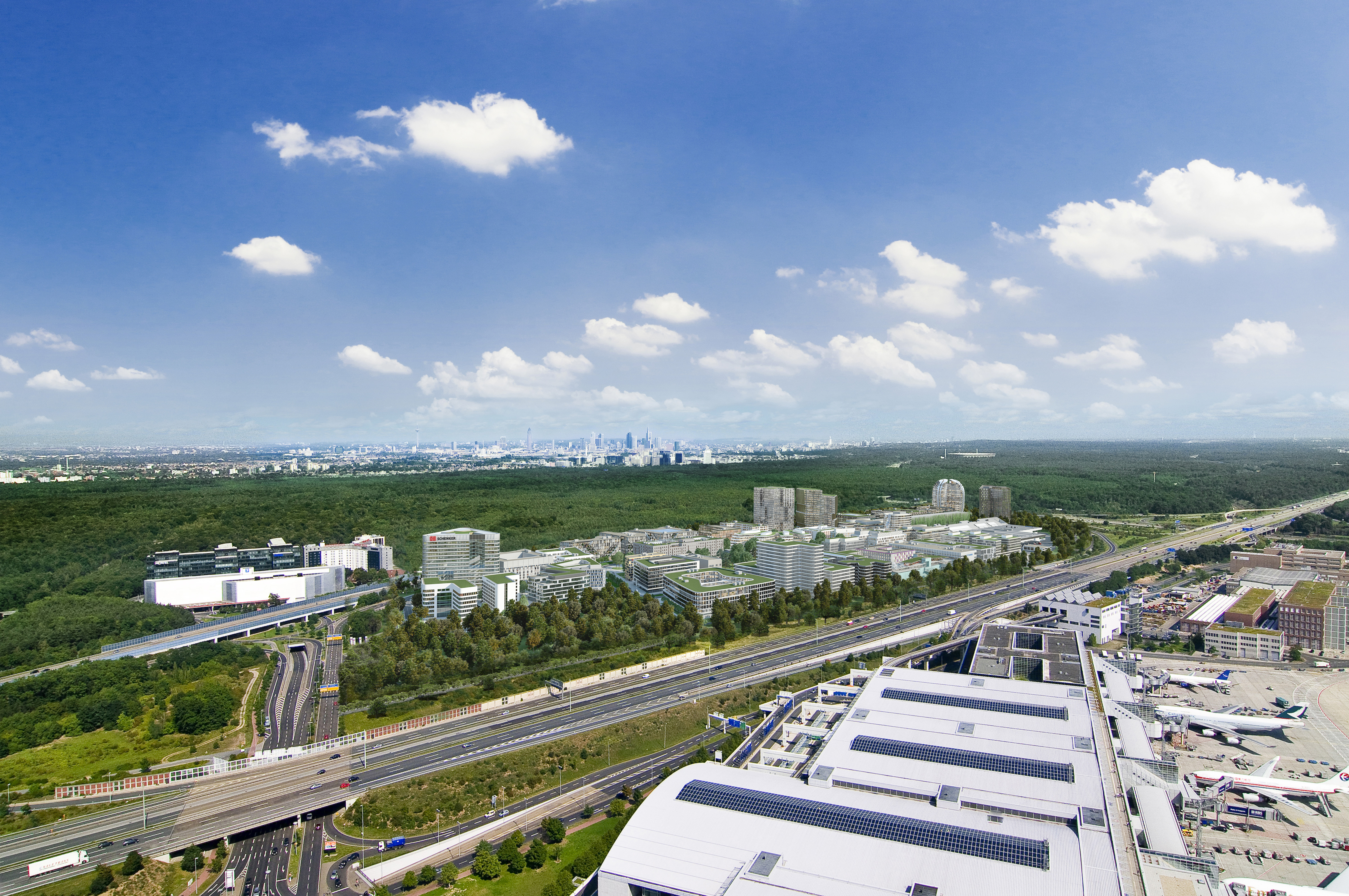 So soll der Neubau Gateway Gardens zwischen dem Airport Frankfurt und dem Frankfurter Stadtwald fertiggestellt aussehen (Bild: Grundstücksgesellschaft Gateway Gardens GmbH).