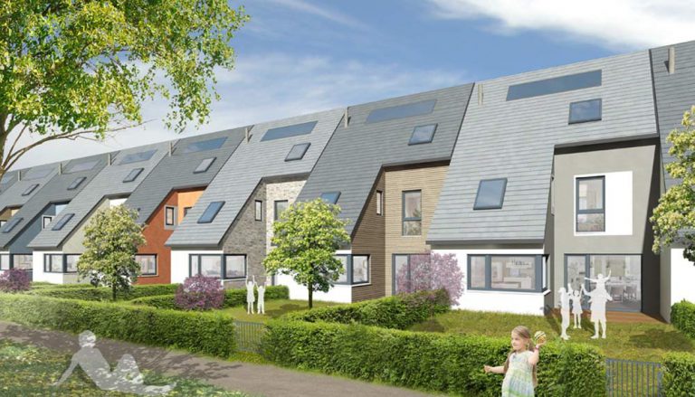 "Health-conscious construction methods in new build real estate" - Title picture: modern terraced houses in the new build "Leben am Osterholz Park" real estate development project from property developer Krieger + Schramm.
