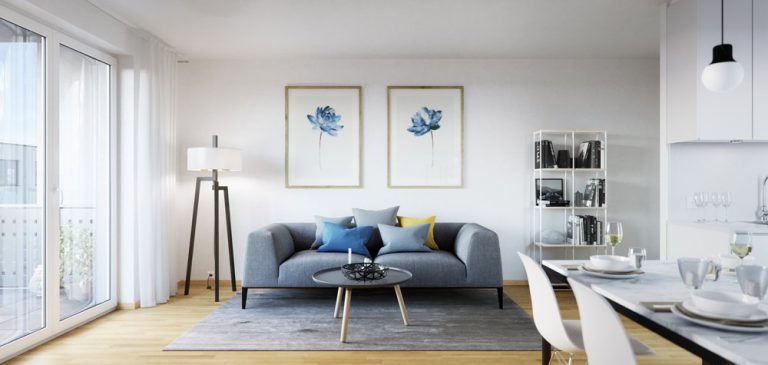 Living room interior design in new build property development project "Wohnen am Striewitzweg" by Bonava.