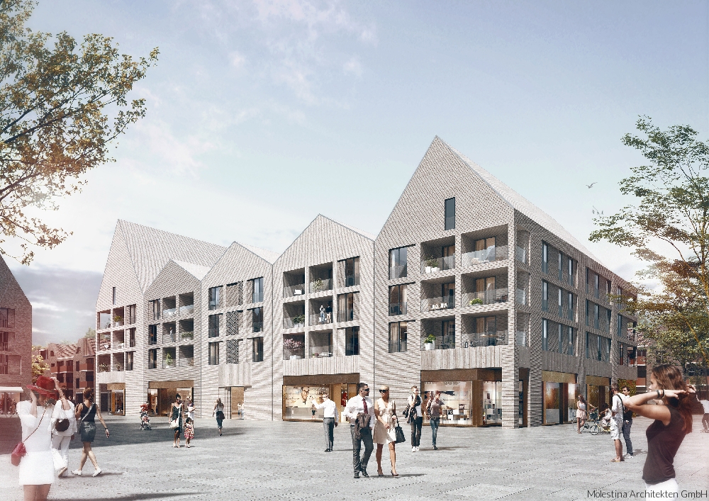 So sieht der Entwurf für das Haus 2 des Neubau-Projekts „Neue Mitte Porz“ aus der Ost-Perspektive aus (Bild: Molestina Architekten GmbH).
