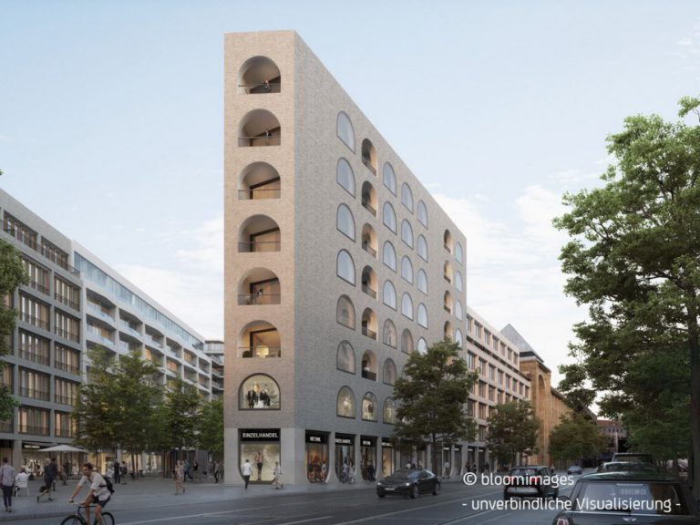 Blick auf das neue Berliner Stadtquartier „AM TACHELES“ (Visualisierung: bloomimages).
