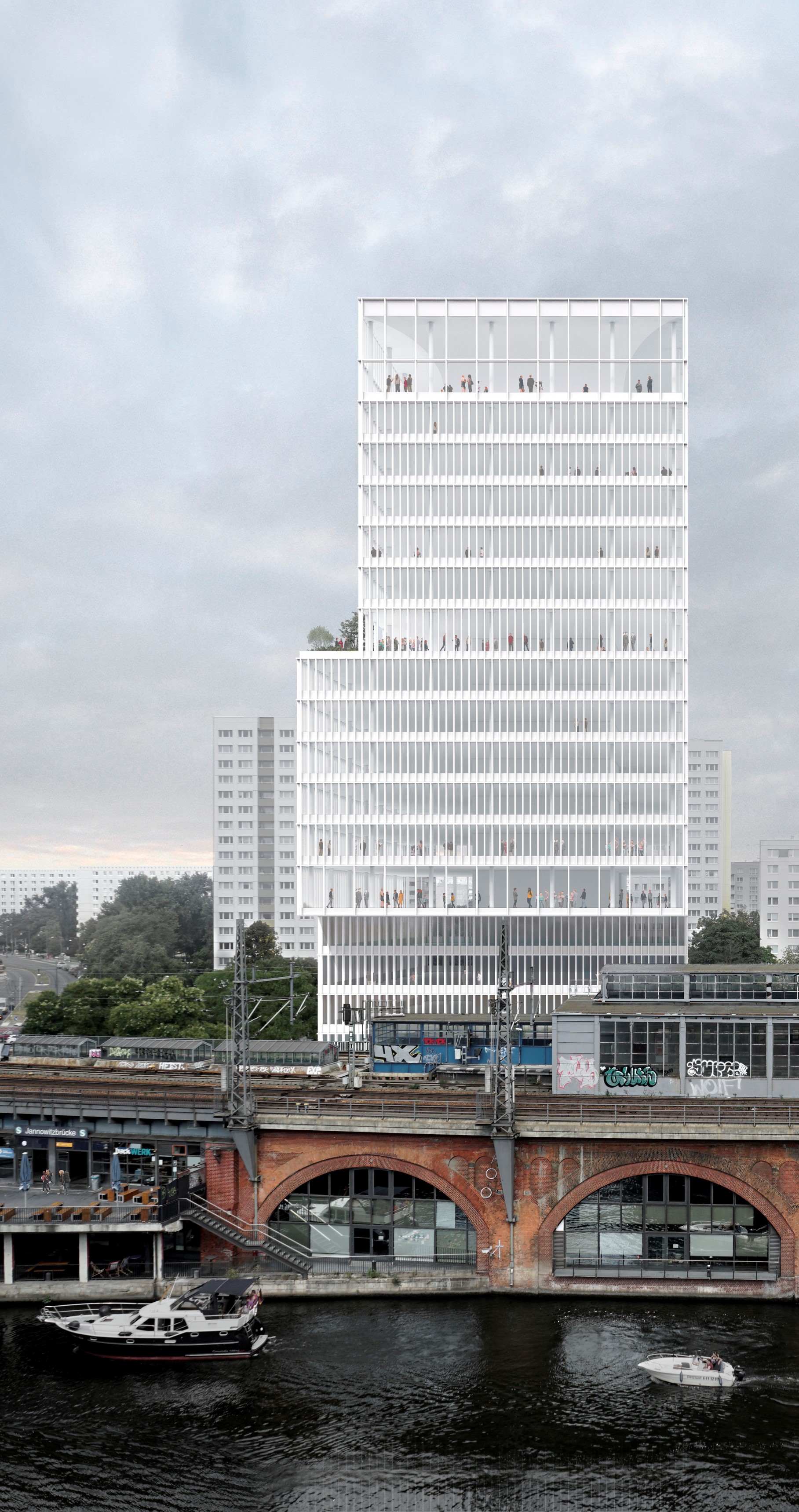 Die Ansicht auf den Berliner Stadtturm an der Jannowitzbrücke von der Spreeseite (Bild: David Chipperfield Architects).