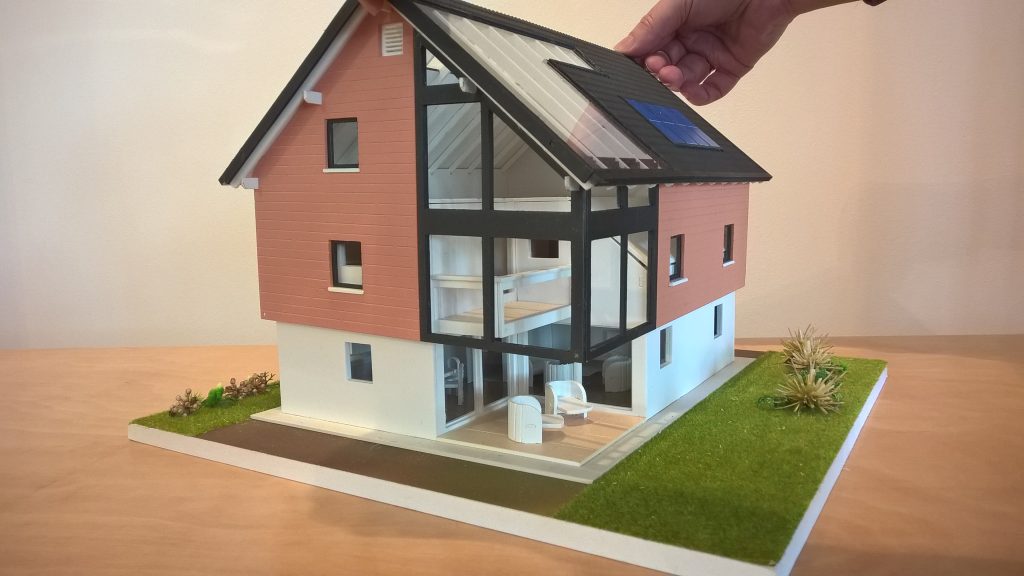 Visualisierung des Haus-im-Haus-Prinzips. Der Raum zwischen den Gebäudehüllen ermöglicht ein gesundes Raumklima.