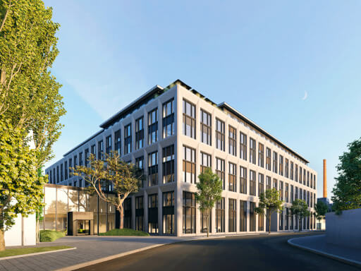 Ein Neubau an einer Straßenecke: der neue Apple-Standort im Isarvalley.