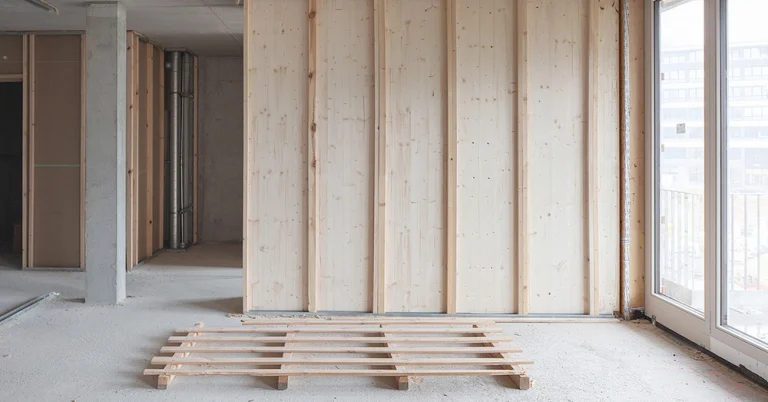 Holzwände im Ausbauhaus während des Innenausbaus.