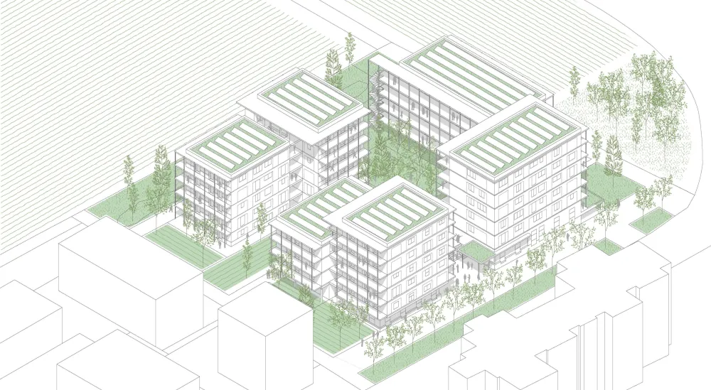 Architekturzeichnung des Wohnquartiers KAEPSELE Goldäcker, Baufeld Nord. PV-Anlagen auf den Dächern und viel Begrünung. Ackerflächen im Norden und Osten.