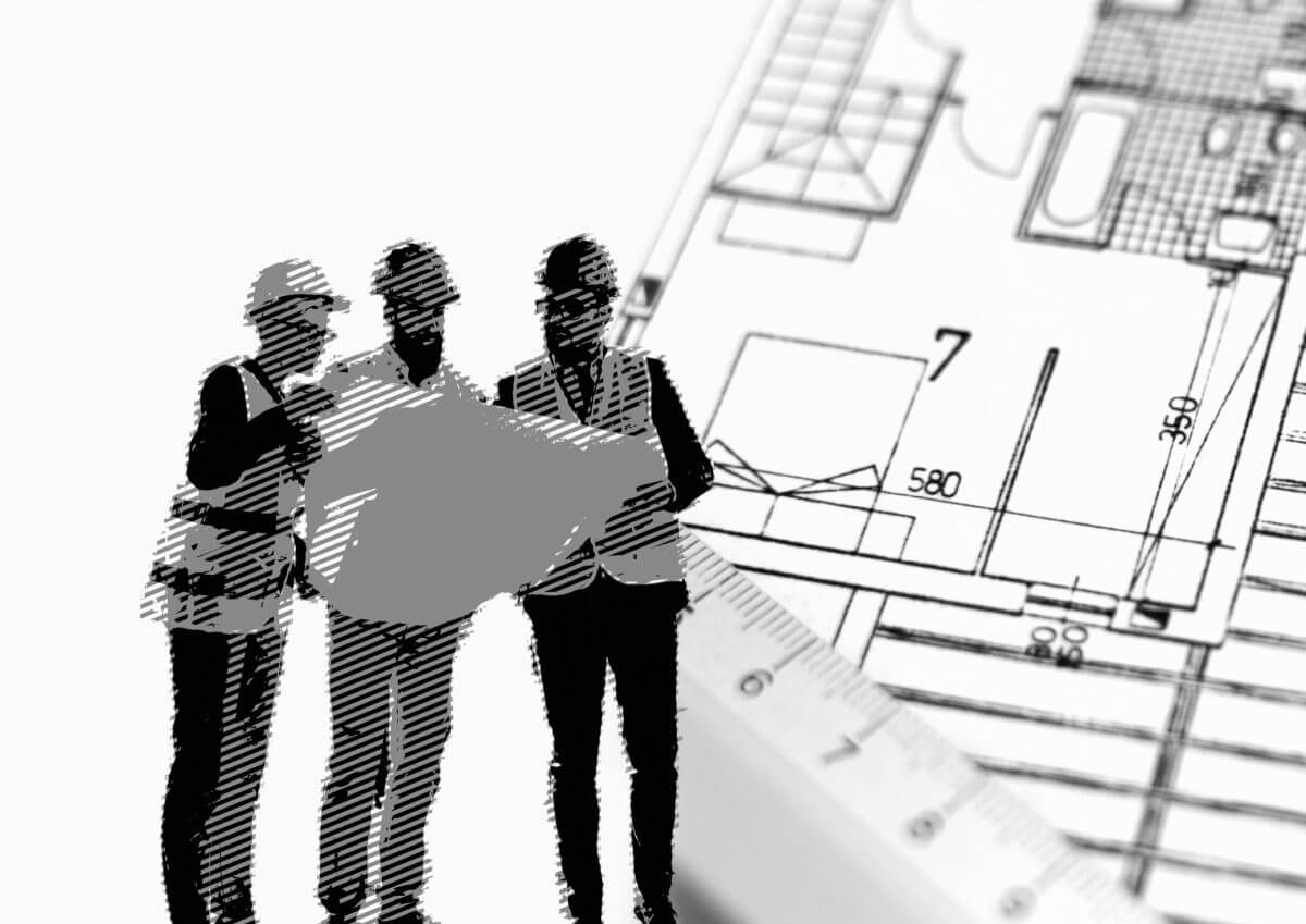 Visualisierung: Drei Ingenieure schauen auf einen Bauplan, im Hintergrund ist eine große Bauzeichnung zu sehen.