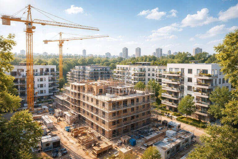 Große Baustelle von oben mit Baukran