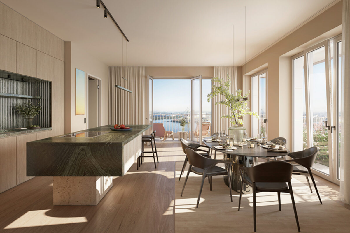 Hochwertige Innenausstattung im Wohnzimmer mit Blick auf Wasser