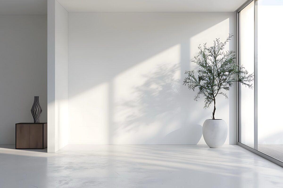 Zimmer mit bodentiefen Fenstern, minimalistisch eingerichtet mit einer Pflanze und einer Truhe. 